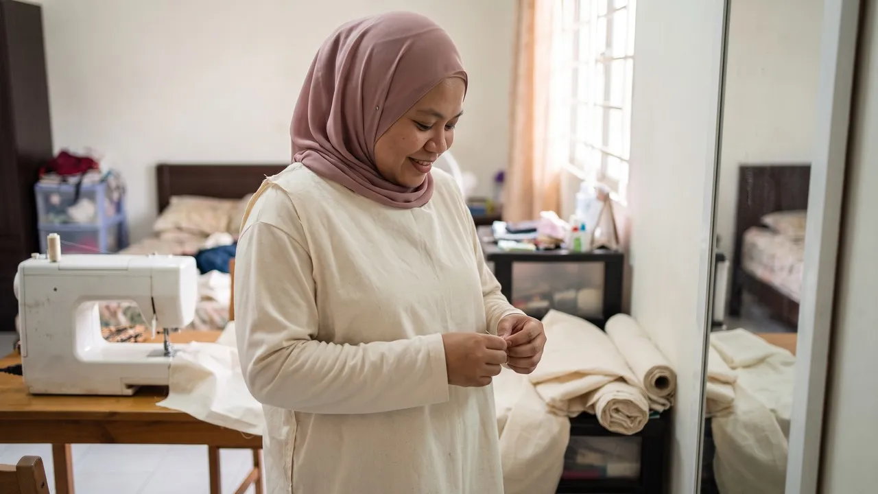 Ilustrasi: wanita mencuba toile dan pin pembetulan