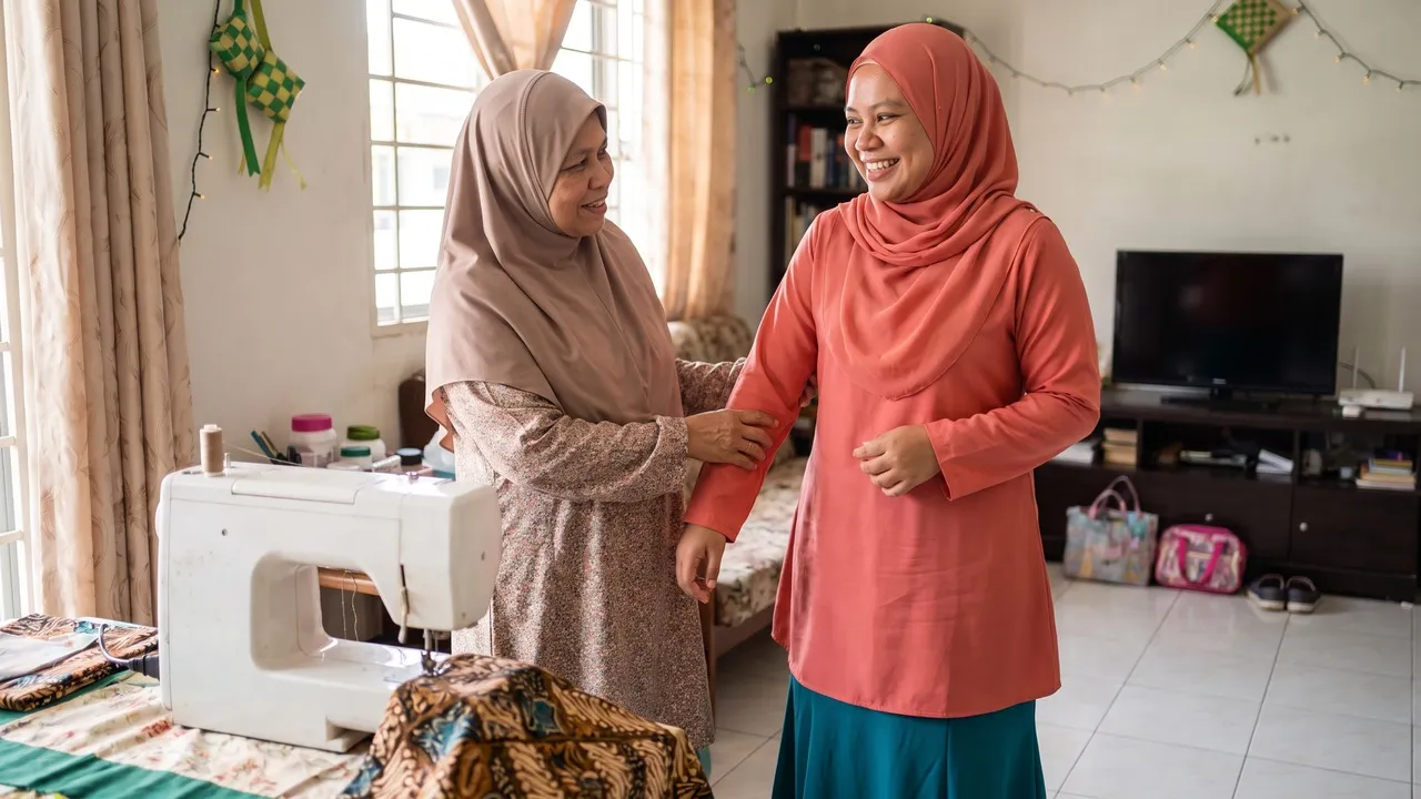 Ilustrasi: pagi Raya memakai baju kurung jahitan sendiri