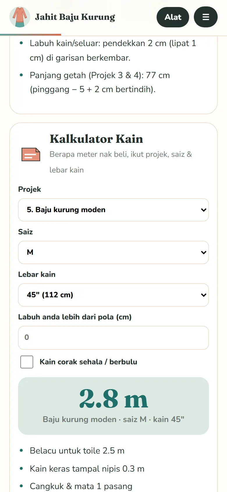Kalkulator kain ikut projek dan saiz