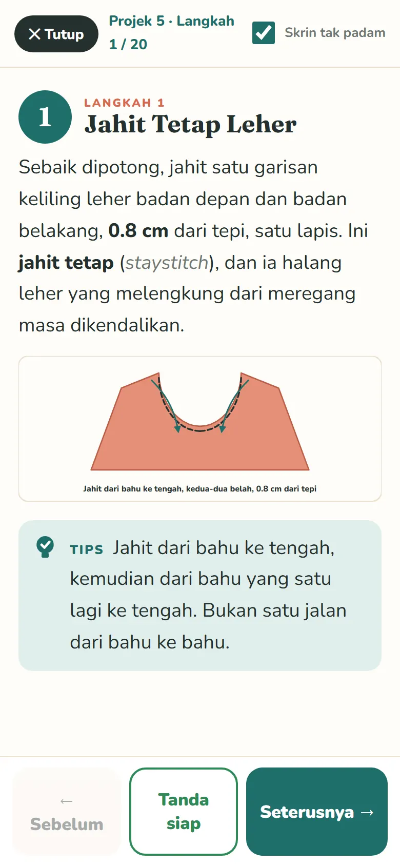 Mod Jahit: satu langkah satu skrin